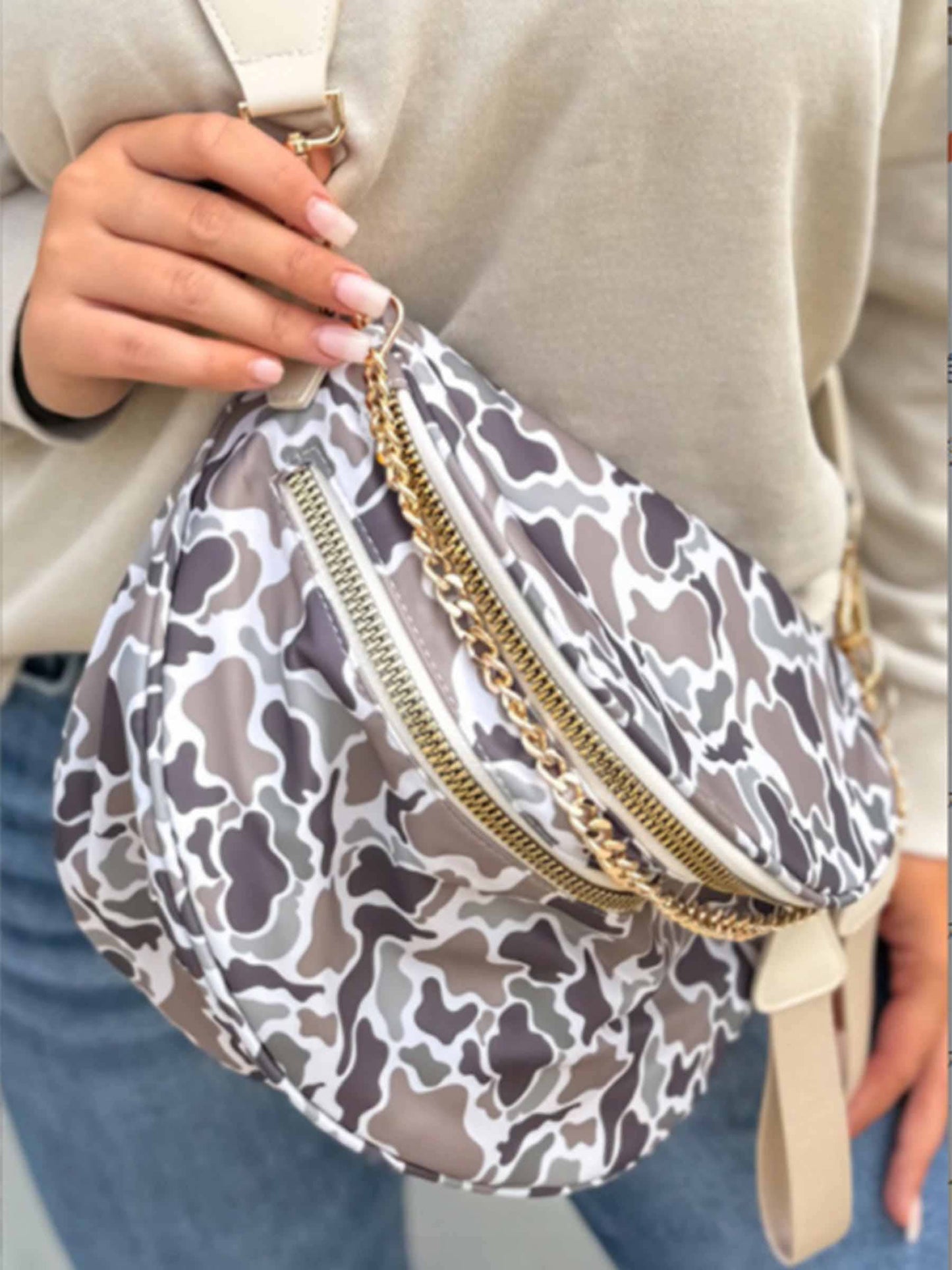 White Camouflage Print Double Zipper Crossbody Bag
