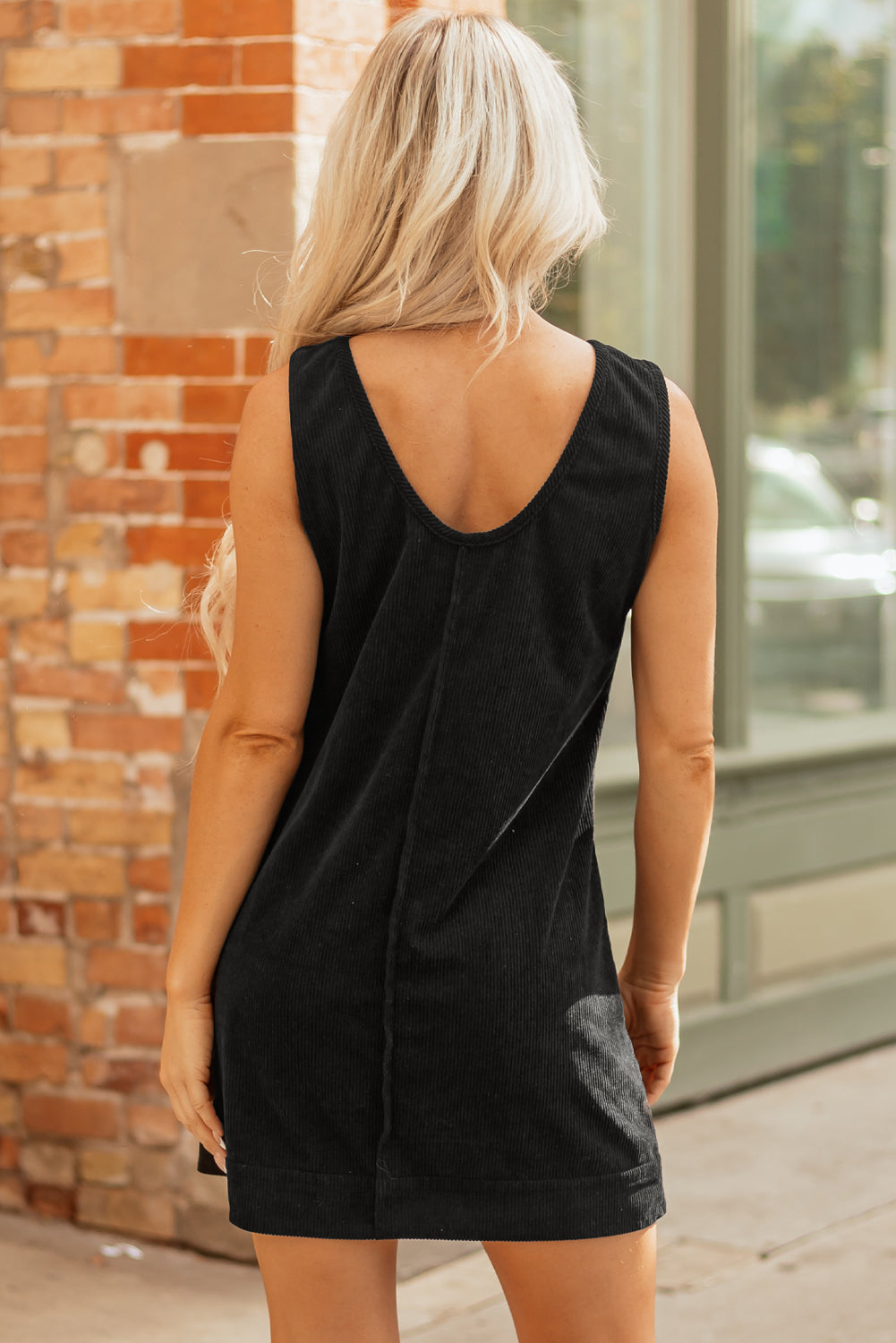 Black Corduroy Sleeveless Mini Dress With Patched Pockets(under shirt sold separately)