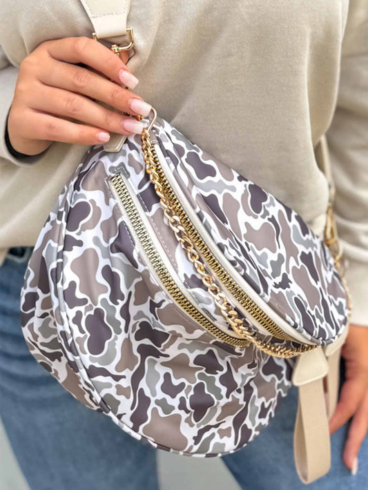 White Camouflage Print Double Zipper Crossbody Bag
