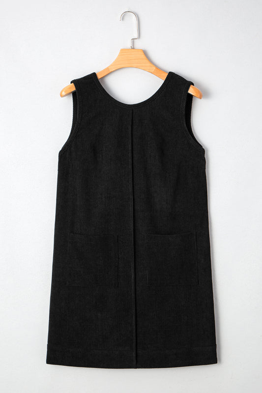 Black Corduroy Sleeveless Mini Dress With Patched Pockets(under shirt sold separately)